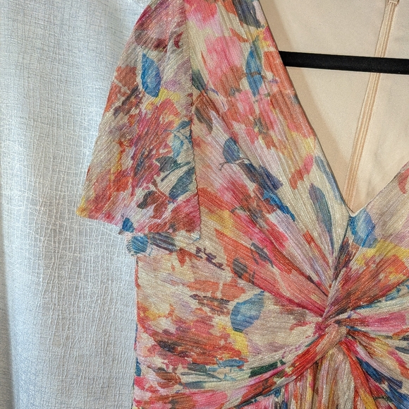 Adrianna Papell $229 Metallic Floral Print Pleated Twist V Neck Flutter Sleeve - Picture 6 of 13